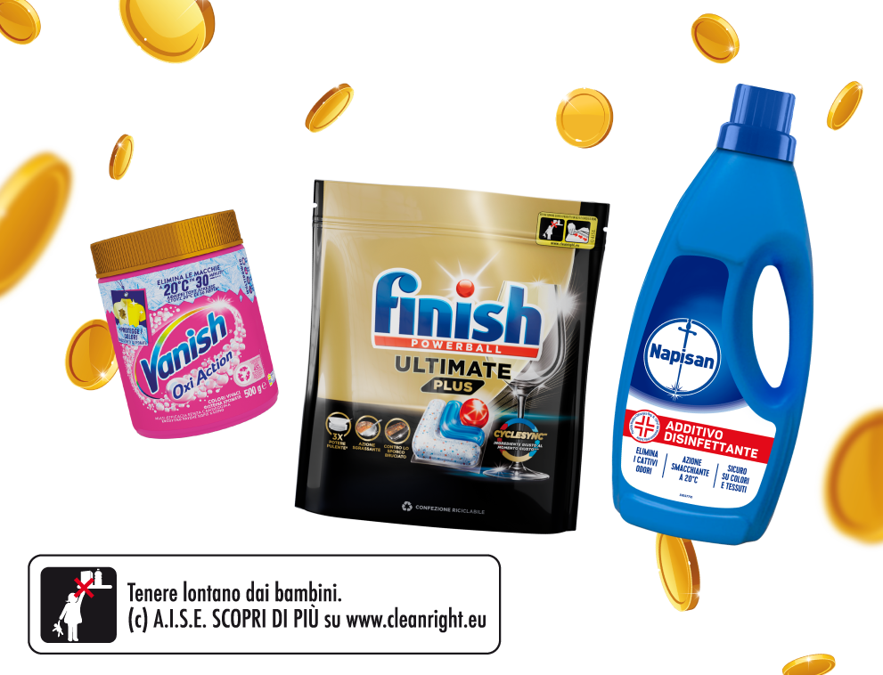 prodotti Vanish Osi Action, Finish poweball Ultimate Plus e Napisan Additivo disinfettante - Bollino AISE Tenere lontano dai bambini